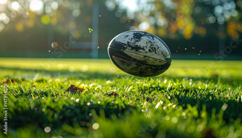 Rugby ball hovers over green grass, sunlit field backdrop, motion captured with bokeh effect