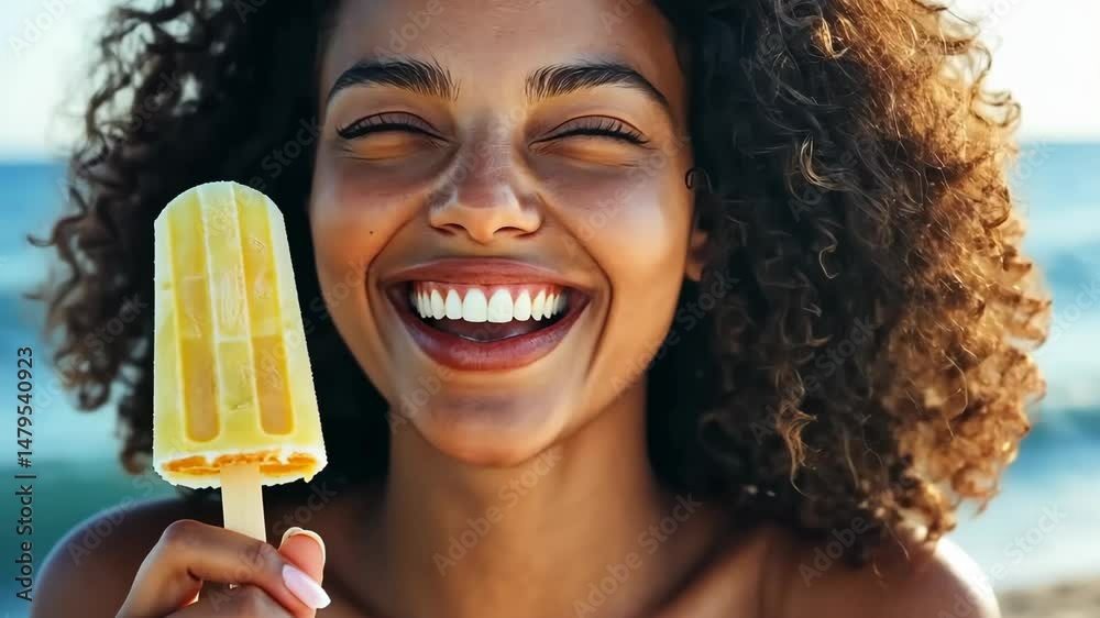 Smiling woman with curly hair enjoys refreshing popsicle at the beach, sunlight illuminating her joyful expression, capturing the essence of summer happiness and carefree moments. Generative 4k video