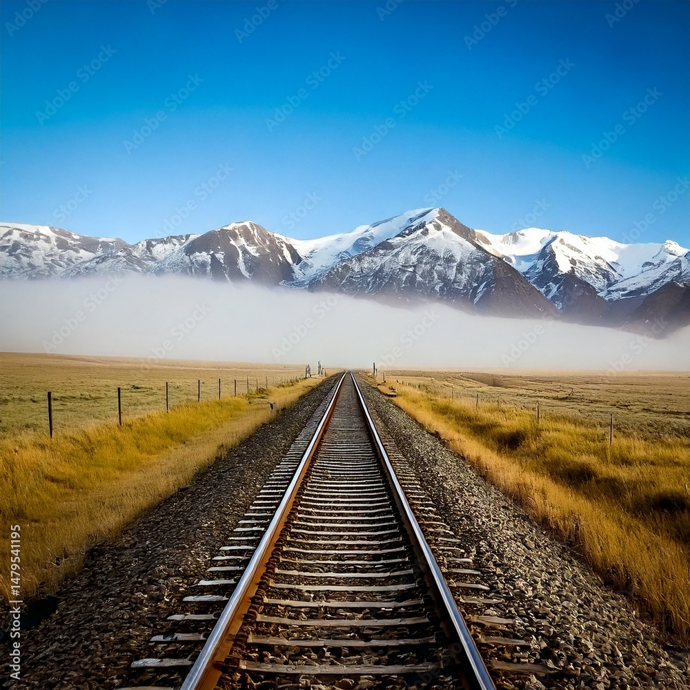 Fototapeta premium Vías de tren solitarias a través de un campo brumoso que conducen a montañas cubiertas de nieve