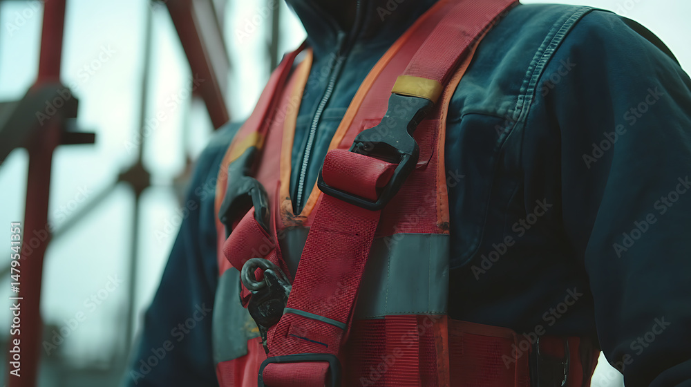 Obraz premium Close-up of a worker wearing a safety vest and harness