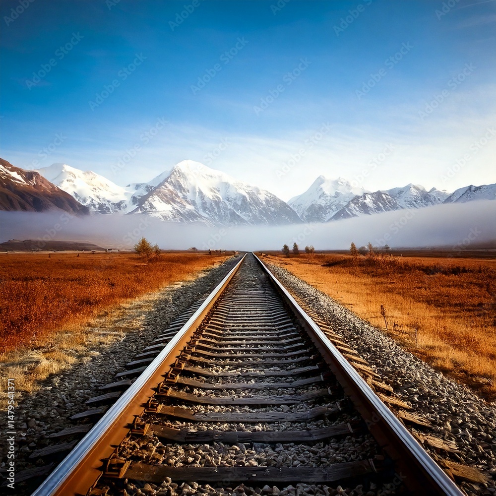 Fototapeta premium Vías de tren solitarias a través de un campo brumoso que conducen a montañas cubiertas de nieve