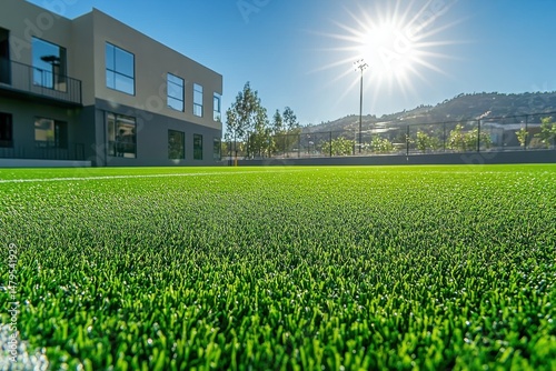 Lush green artificial grass rolls ready for installation in a sports field during daylight in an urban area