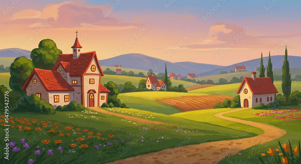 Naklejka premium Idyllic Village Sunset, Rolling Hills, Cartoon Landscape