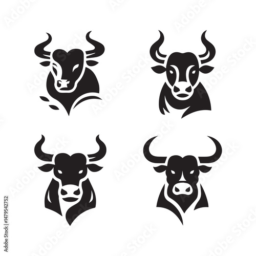 black Set of vector black silhouettes of bull icon isolated on a white background