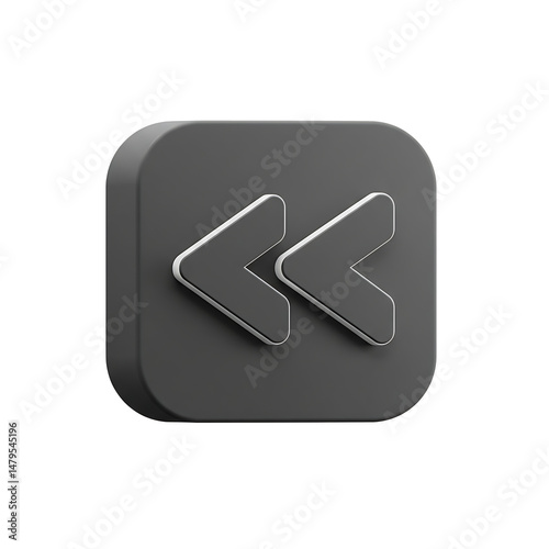 Dark Gray 3D Rewind Button Icon on Black Background for User Interface Design