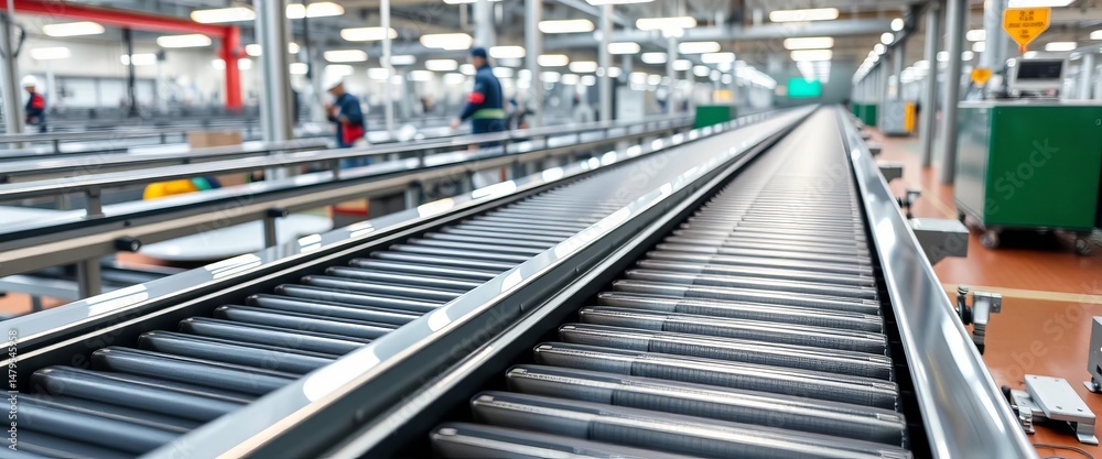 Gleaming empty conveyor belt, modern factory automation system, assembly, details Gleaming empty conveyor belt, modern factory automation system, assembly, details