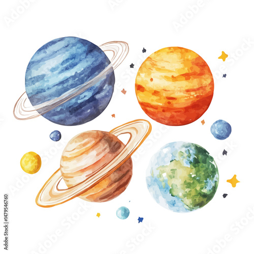 watercolor of Solar System, isolated on a white background.