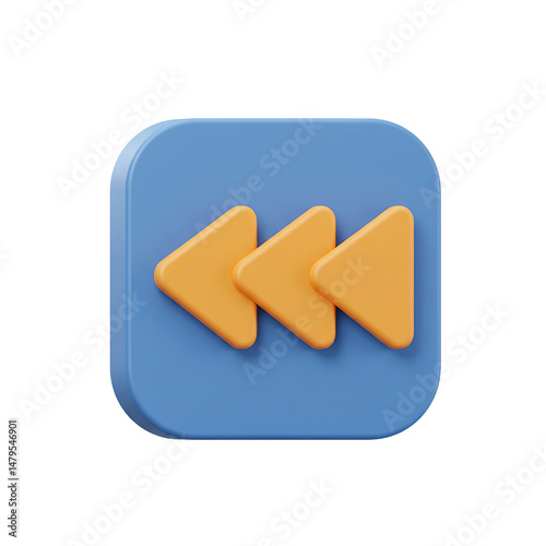 3D Render of Rewind Button Icon on Blue Square Background for App Interface Design