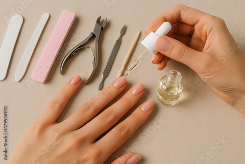 Nail care tools and oil applied to a manicured hand.