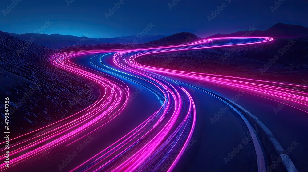 Winding road illuminated by vibrant streaks of light at night.