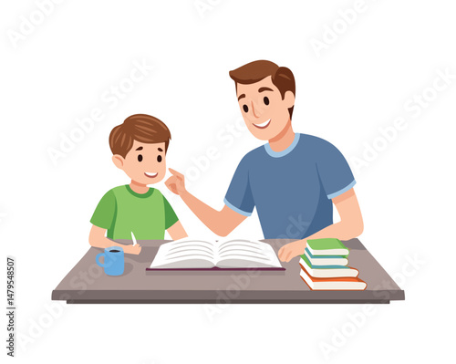 Caring father helping his child with homework or remote learning at home, showing support, patience, and bonding during education time. Perfect for parenting, family, and learning concepts.