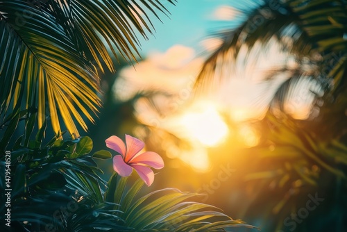 Sunrise illuminates a tranquil river surrounded by lush vegetation in a tropical paradise