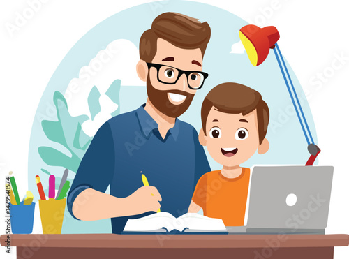 Caring father helping his child with homework or remote learning at home, showing support, patience, and bonding during education time. Perfect for parenting, family, and learning concepts.