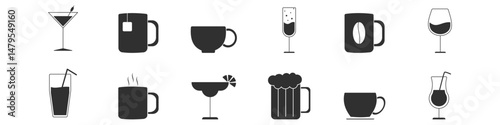 Collection of black drink icons featuring mugs, cups, wine glasses, cocktails, beer, and juice—ideal for menus, cafes, and bar designs.