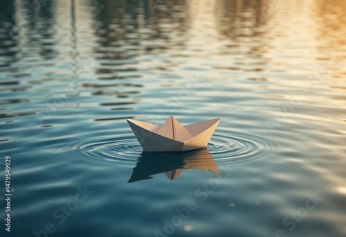Small paper boat floats serenely on calm water at sunset near riverside