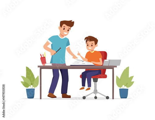 Caring father helping his child with homework or remote learning at home, showing support, patience, and bonding during education time. Perfect for parenting, family, and learning concepts.