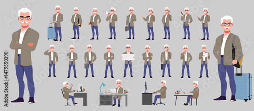 Man Character design. Front, side, back view and explainer animation poses. Character set with lip sync and facial expressions of Happy, angry, sad, Joy with Side walk cycle animation sequence sprite 