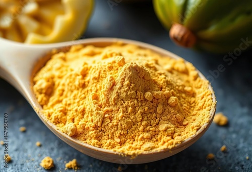 Garcinia Cambogia powder in a scoop, close-up view highlighting its texture and color,   lifestyle,  weight management