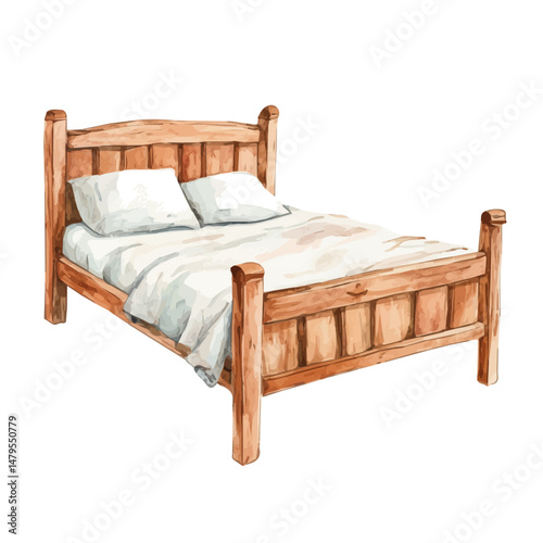 Wooden Bed Frame, watercolor illustration, isolated on a white background.