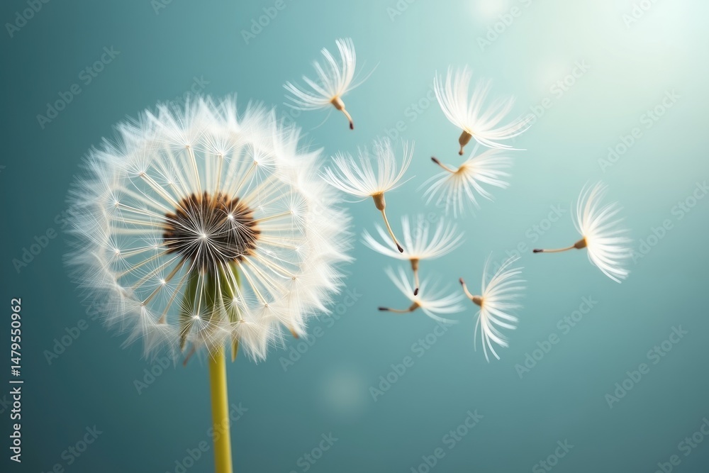 Fototapeta premium Close-Up of Dandelion Puffball with Seeds Dispersing