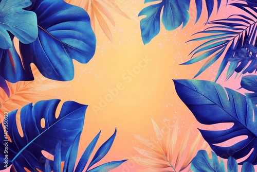 Colorful citrus fruits surrounded by tropical leaves on a bright blue background create a visually refreshing display suitable for summer decor or recipe inspiration
