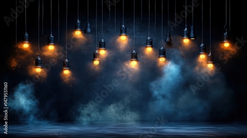 A dramatic display of illuminated incandescent light bulbs hanging from black cords with warm glow and smoky background