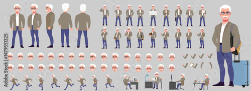 Man Character design. Front, side, back view and explainer animation poses. Character set with lip sync and facial expressions of Happy, angry, sad, Joy with Side walk cycle animation sequence sprite 