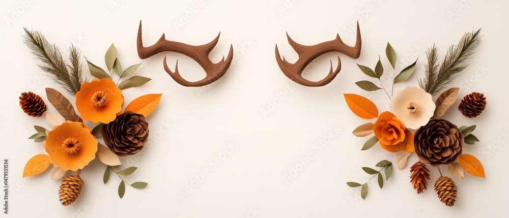 Obraz premium Symmetrical floral and antler arrangement with autumn leaves pinecones and ornamental flowers on white background