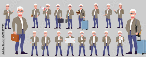 Man Character design. Front, side, back view and explainer animation poses. Character set with lip sync and facial expressions of Happy, angry, sad, Joy with Side walk cycle animation sequence sprite 