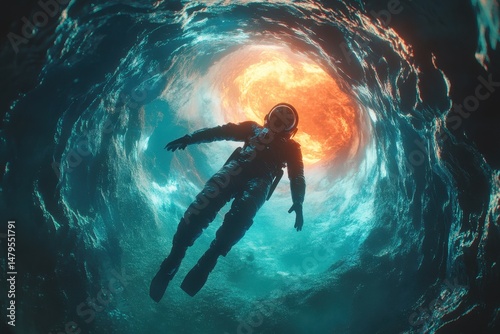 Unique astronaut floating through a vivid cosmic environment filled with swirling clouds, depicting the beauty of space exploration during an unknown mission