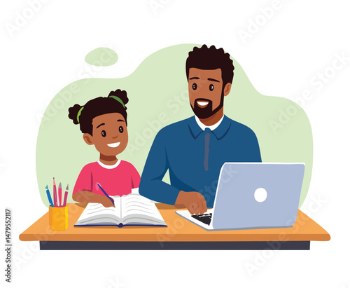 Caring father helping his child with homework or remote learning at home, showing support, patience, and bonding during education time. Perfect for parenting, family, and learning concepts.