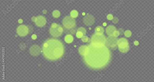 Green bokeh. Soft golden glow circles with blurred light and smooth gradient on transparent background for festive, cozy or magical projects.