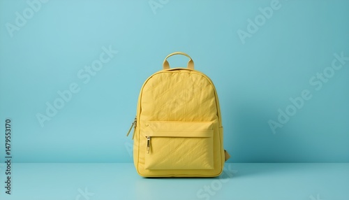 Yellow school bag on a soft pastel blue background, centered composition, clean studio lighting, youthful and cheerful vibe