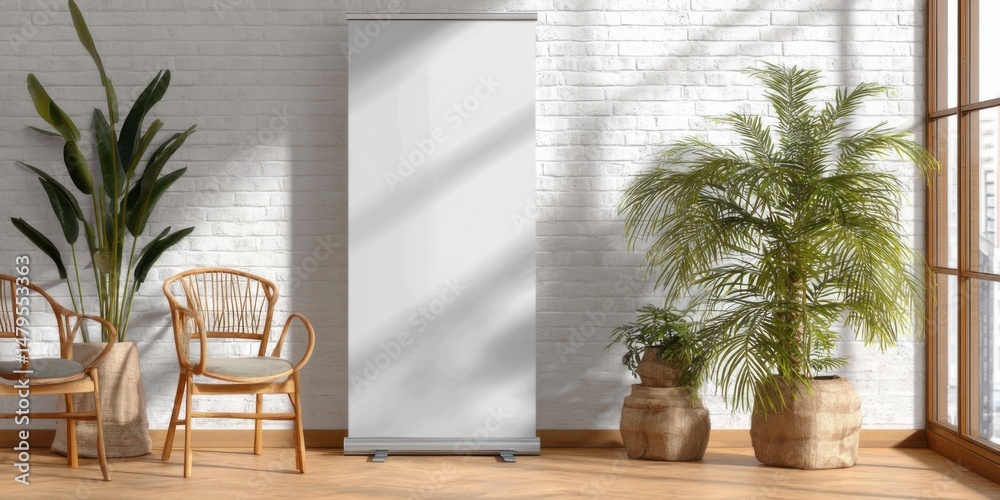 Fototapeta premium Modern indoor space showcasing decorative plants and minimalist design with wooden elements and natural light