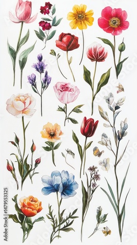 A set of stickers featuring various flowers like roses, tulips, and daisies