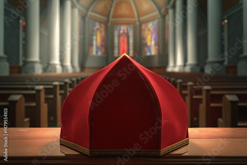 Red bishop mitre and vestment placed on a wooden table inside a grand church, symbolizing preparation before the papal conclave.