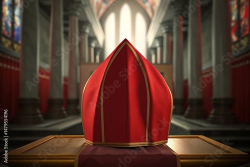 Red bishop mitre and vestment placed on a wooden table inside a grand church, symbolizing preparation before the papal conclave.