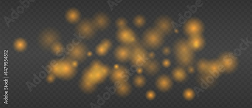 Golden glowing blur clusters with soft edges and bokeh effect. Abstract light particles on transparent background for digital fire or heat simulation.