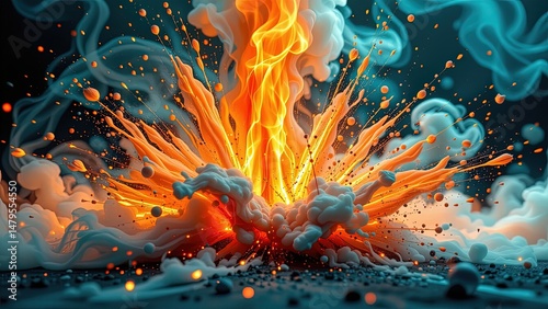 dynamic visually striking scene of explosion. explosion depicted vibrant orange flames swirling ethereal smoke that emanate from center. fiery colors create sense of intensity energy while...