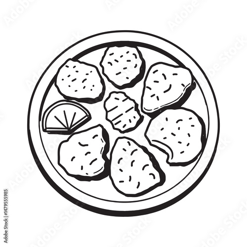 Delicious chicken fajita on rustic wooden plate line art illustration