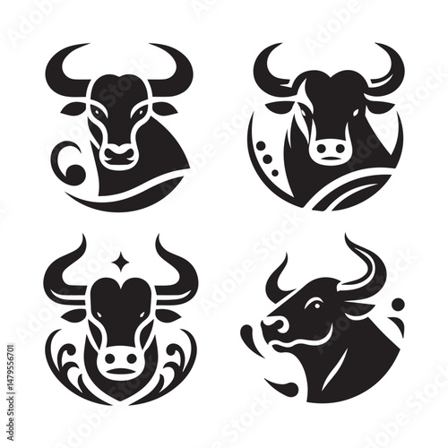 black Set of vector black silhouettes of bull icon isolated on a white background