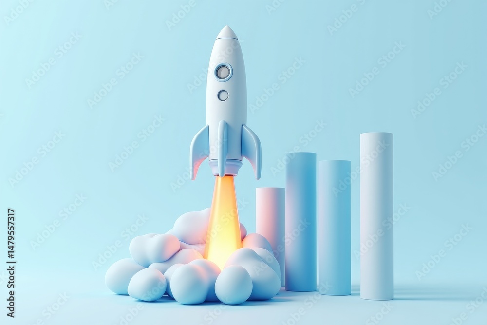 Futuristic Rocket Launch with Graph Bars and Fiery Exhaust