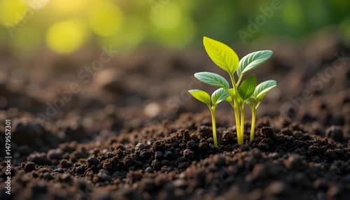 Young green plant seedlings emerging from rich dark soil, gentle sunlight, symbol of growth and renewal, Earth Day celebration theme
