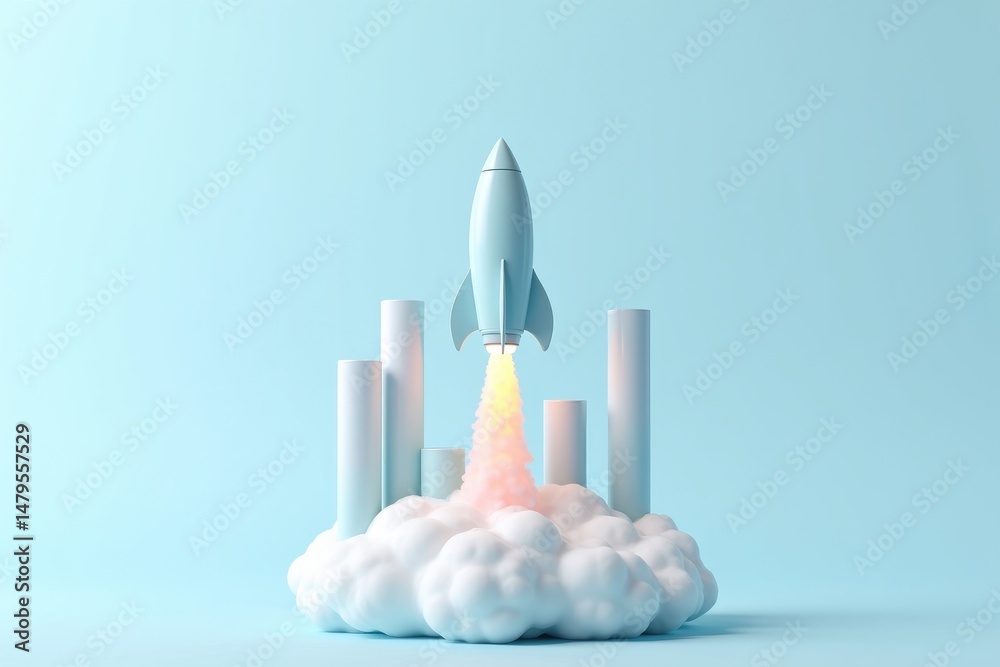 Futuristic Rocket Lift-Off with Graph Bars and Exhaust Glow