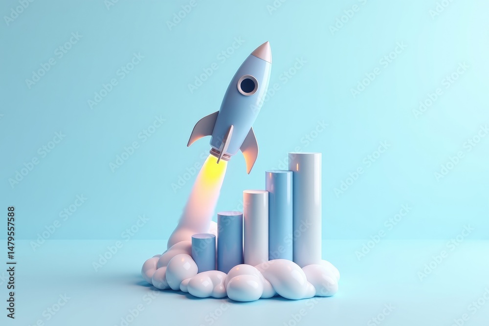 Rocket Launch with Fiery Exhaust and Rising Graph Progress