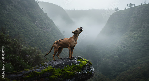 Thylacine howling majestic mountain view breathtaking wilderness ancient spirit wild dog