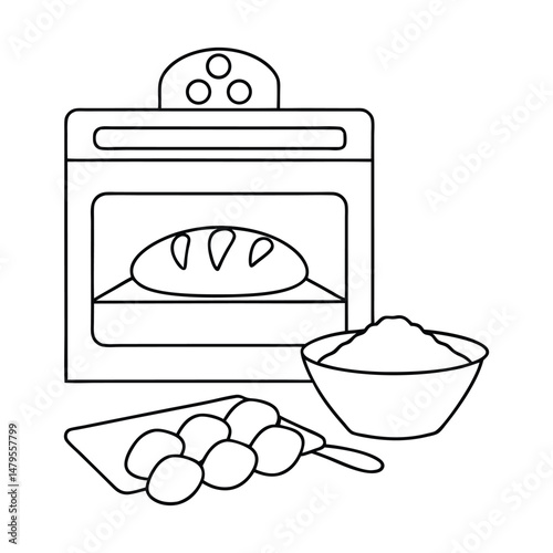 Line art illustration of baking bread in an oven