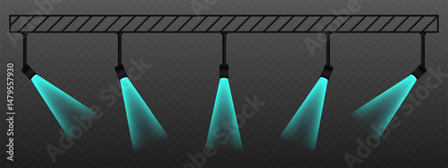 Blue spotlight. Rotated ceiling lamps with warm directional beams. Suitable for stage lighting, visual accents, and theatrical design on transparent background.