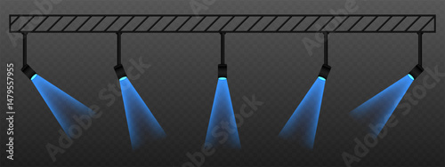Blue spotlight. Rotated ceiling lamps with warm directional beams. Suitable for stage lighting, visual accents, and theatrical design on transparent background.