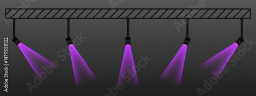 Purple spotlight. Rotated ceiling lamps with warm directional beams. Suitable for stage lighting, visual accents, and theatrical design on transparent background.